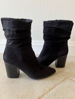 Black Suede Slouch Heeled Mid-Calf Boots