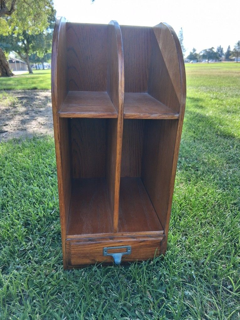 Vintage Wood Desktop Library Organizer Letter File Cabinet w/Drawer 19.75x10x8.5....asking $40.00
