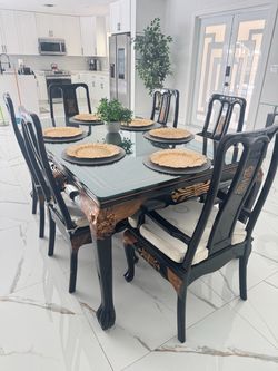 Beautiful Black & Gold Chinese Carved Dining Set – Table + 6 Chairs