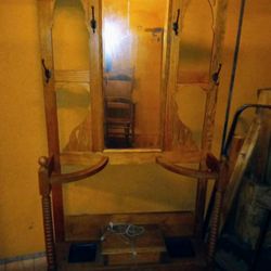 Antique Oak Mirror Coat Rack Hall Tree