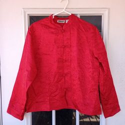Vtg 90s Chico's Sz 1 Womens Red Silk Asian Floral Mandarin Collar Artsy Jacket