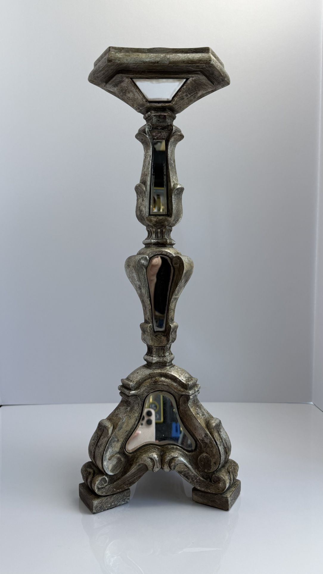 Heavy Mirrored Pillar Candle Holder Antique Silver Finish Rococo Baroque Decor