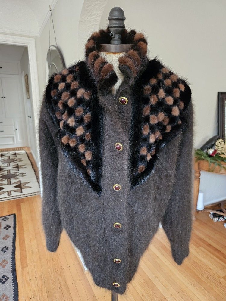Angora And Mink Fur Cardigan Sweater Size S/m