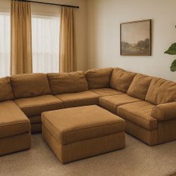 Oversized Cordorouy Sectional Sofa w/ Chaise & Ottoman – Large Brown Couch Set – Deep Seats