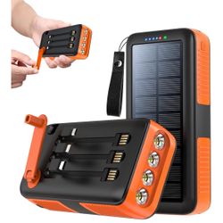 Solar Power Bank, 63200mAh Portable Charger Fast Charging External Battery Pack Built in 4 Cables, Hand Crank Power Bank for Cell Phones, SOS/Strobe/S