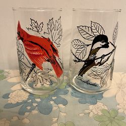 2 Vintage Anchor Hocking Drinking Glasses Chickadee & Cardinal