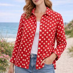 Talbots Petite 6P Red Polka Dot Linen Button Front Top