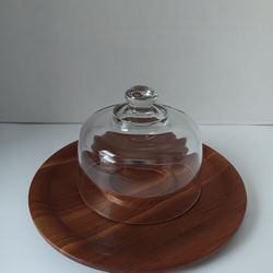 Teak Wood Cheese Board With Glass Dome Cloche, 2 Piece Set.