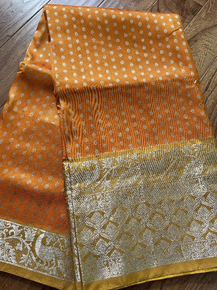 Beautiful New Mango & Mustard Yellow Pure Venkatagiri Handloom Silk Saree With Silver Zari & Contrast Blouse