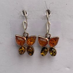 Amber Drop Dangle Sterling Silver Earrings, Green Orange Colors, Silver Jewelry