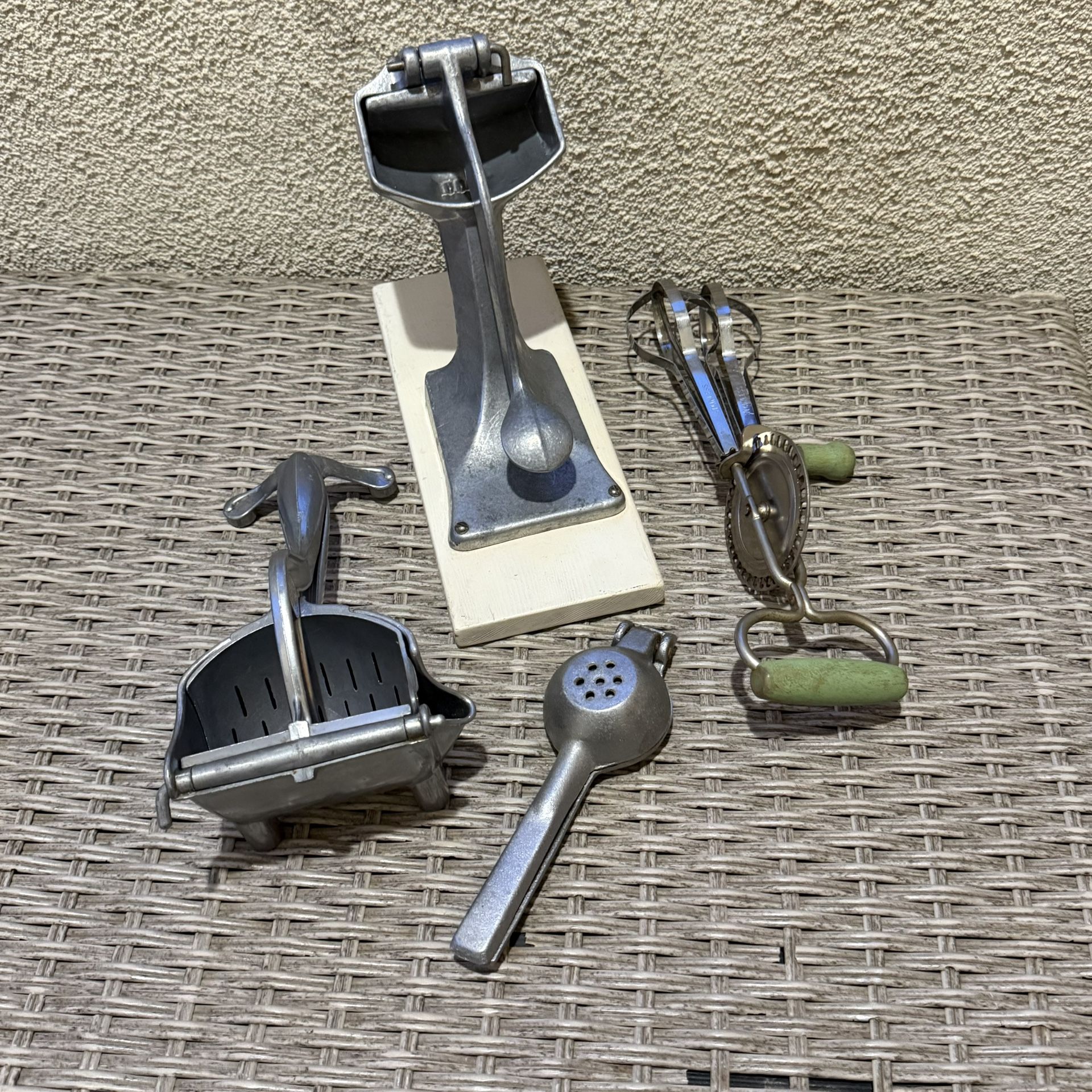Vintage Metal Kitchen Tools Bundle • Juicer, Ricer, Egg Beater, Chopper