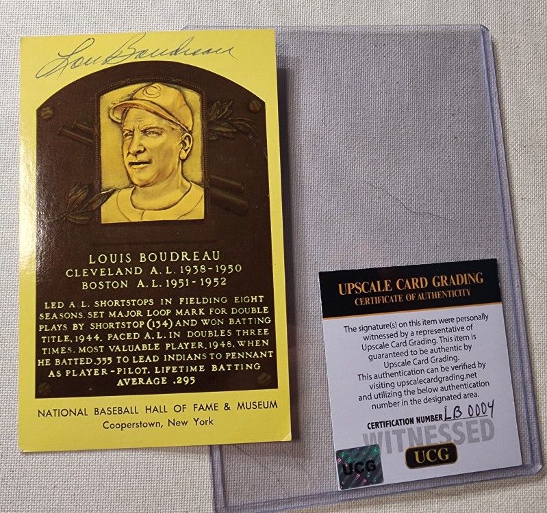 Lou Boudreau Signed Yellow Hall Of Fame Plaque Card  UCG Certified & toploader