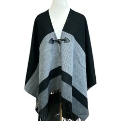 APT 9 Poncho Cardigan Women's One Size Black Grey Toggle Button Fringe Shawl NWT