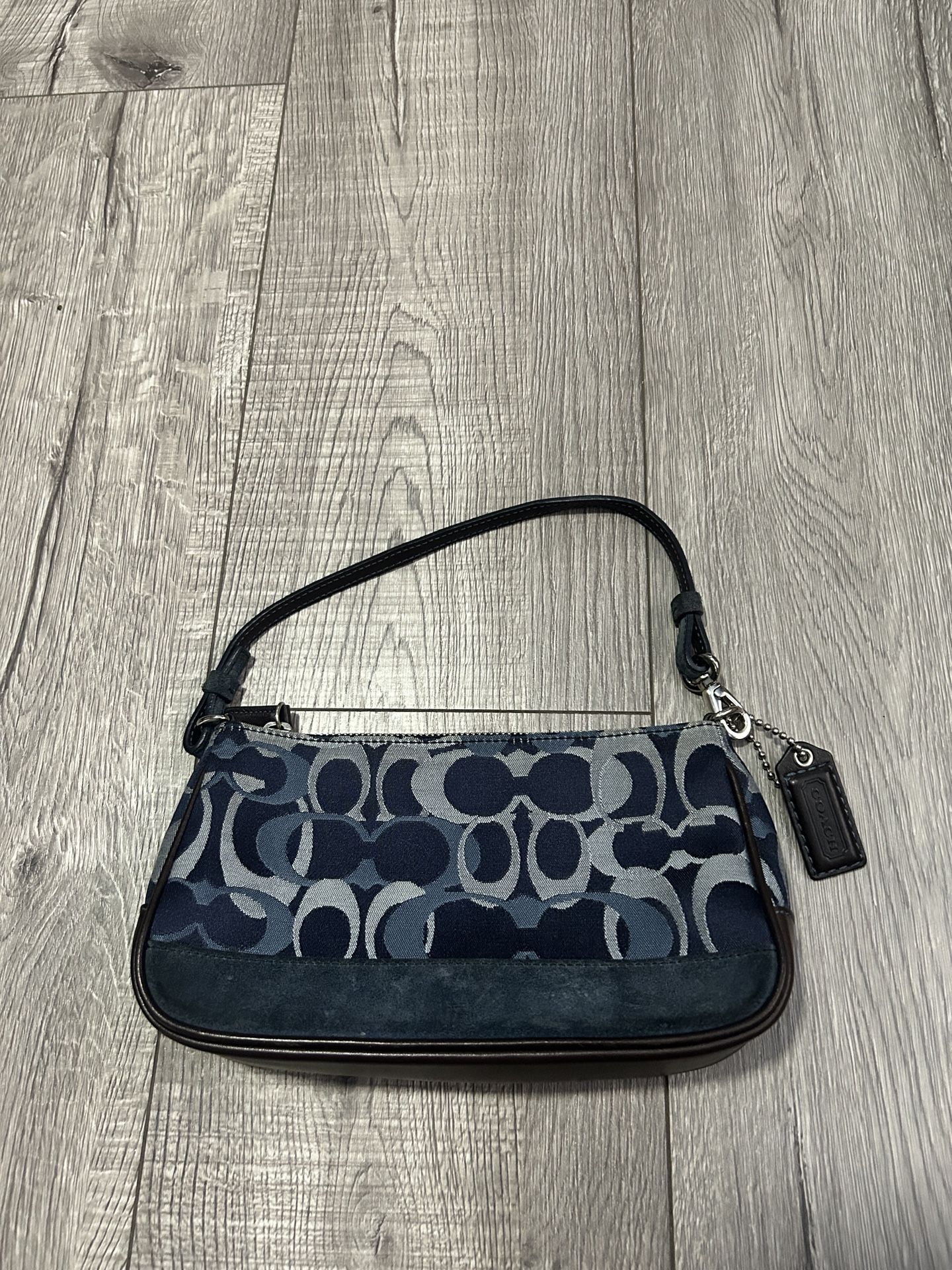 Coach Navy Blue Signature Logo Demi Hamptons Baguette Mini Bag Canvas Leather Y2K