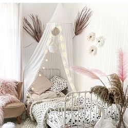 LOAOL Kids Bed Canopy With Pom Pom Cotton Canopy For Crib Baby Girl Netting Cover Canopy Crib Curtain Reading Nook Hanging Tent Nursery Play Game Cast