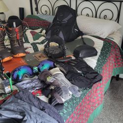 Snowboard, 154 Boots 10.5 and 2 Masks, gloves,  Backpack, Socks