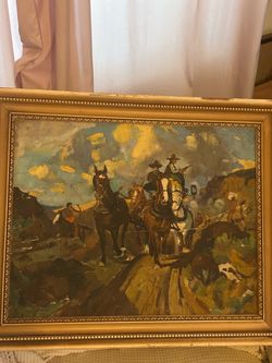 Blazing Saddles; Vintage 1950s Reproduction Oil Painting of Frank Tenney Johnson’s, Running Fight: