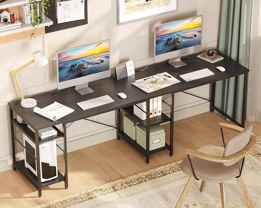 0889 95.2” L Shaped Desk, Reversible Corner Computer Desk or 2 Person Long Table with Adjustable Shelves, Large Writing Study Workstation with 3 Cable