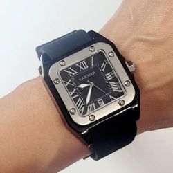 Black Rubber Band Black Face Silver Case Men's Quartz Watch