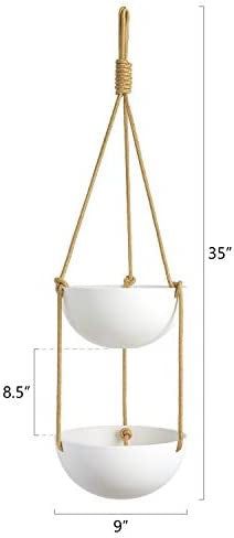 9 Inch Ceramic Double Hanging Planter 2 Tier Round Flower Plant Pot Porcelain Hanging Basket with Polyester Rope Hanger for Indoor Outdoor Herbs Ferns