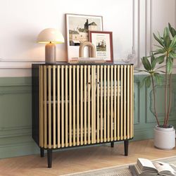 Accent Cabinet with 2 Bamboo Doors, 32" Sideboard Buffet Cabinet, Modern Decorative Bathroom Cabinet for Living Room, Dining Room, Entryway, Natural W