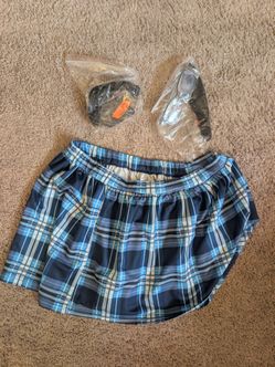 Blue Plaid Mini Skirt with Elastic Waist school girl costume medium
