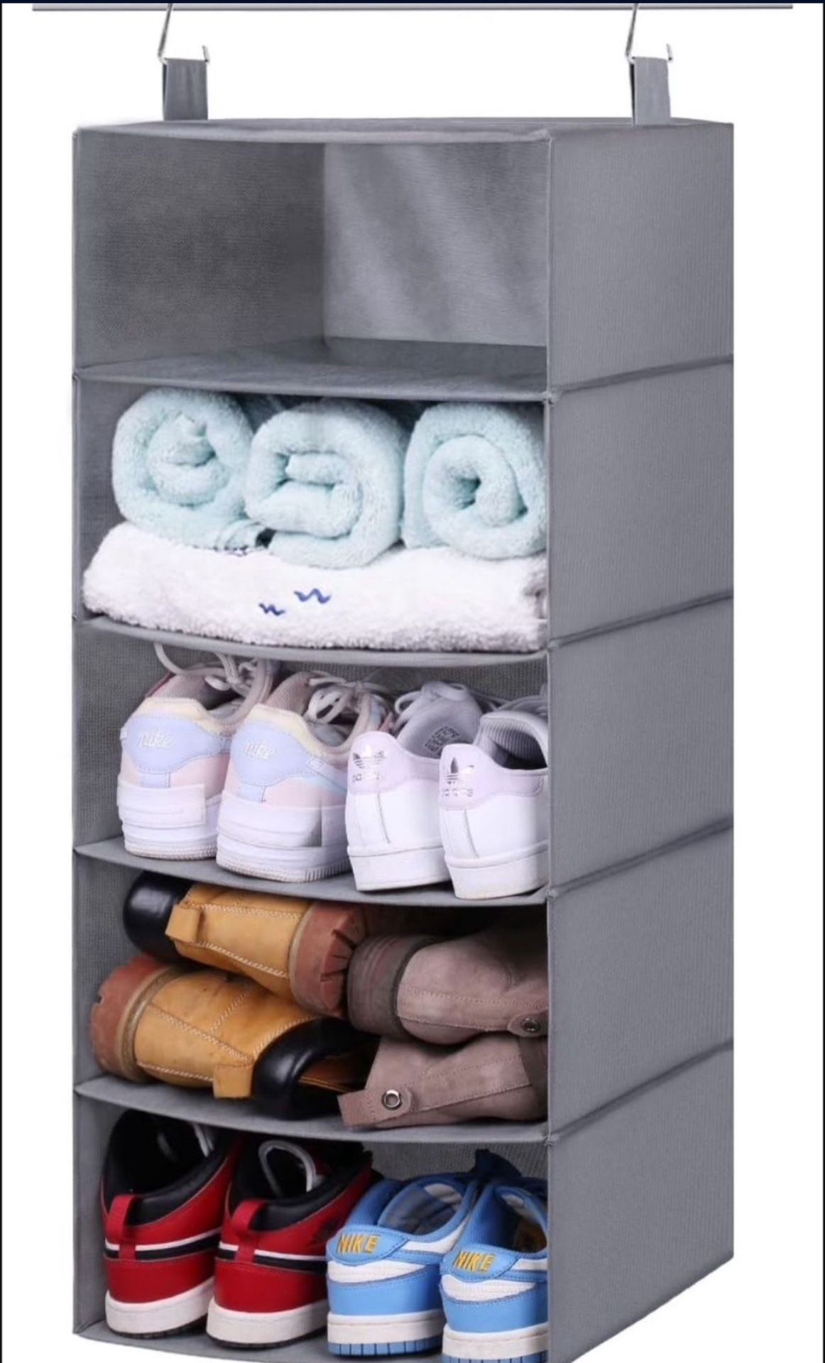Hanging Shoe Organizer to Store 10 Pairs Shoes 5- Shelf Shoe Rack for Closet for Small Space Storage Bedroom, Dorm, Grey