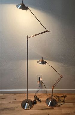 Lot (2) Chromium Art Deco Style Silver Copper Lite Source Floor and Table Lamp Set
