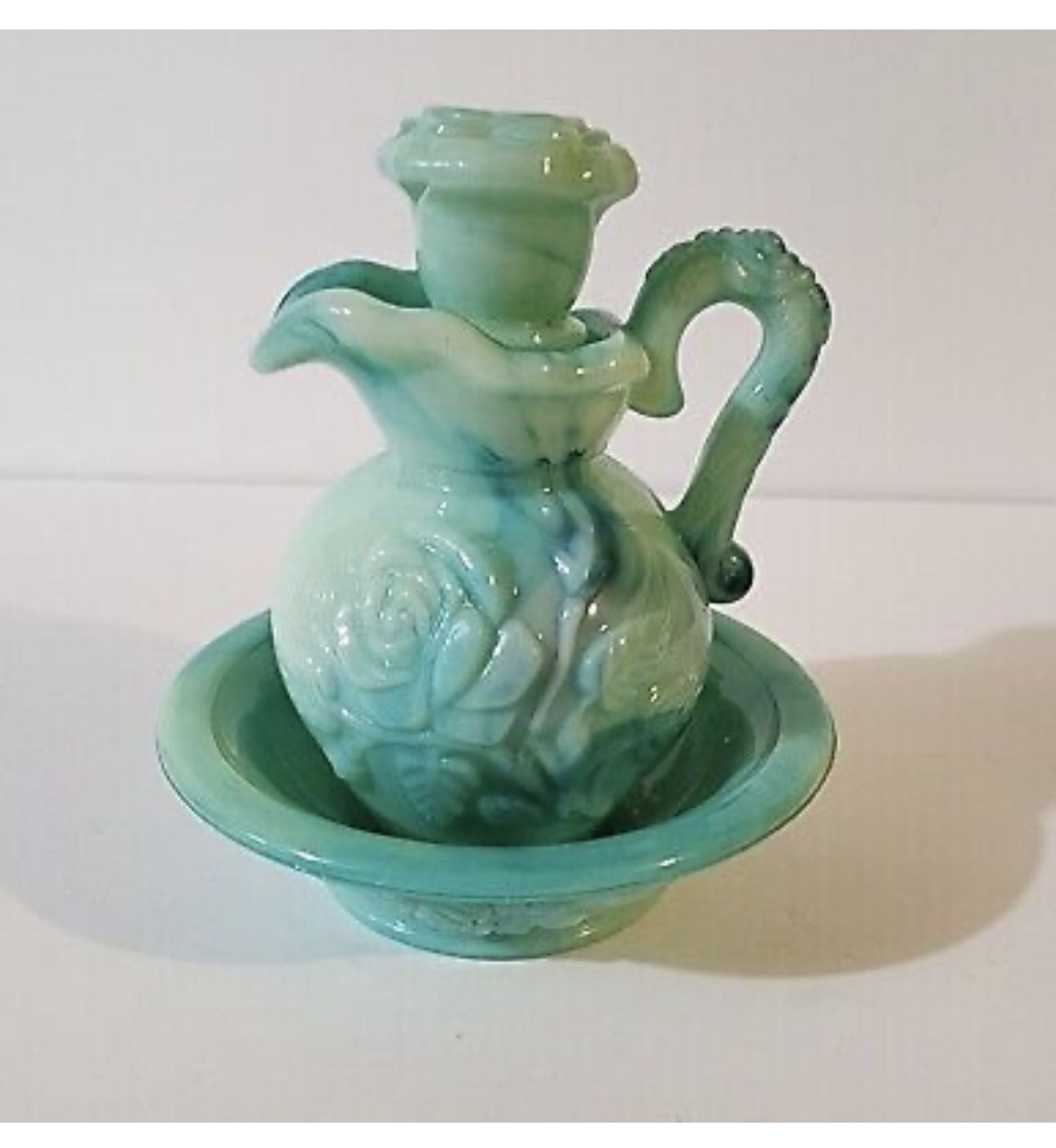 Vintage Avon Victoriana Pitcher & Bowl Green Slag Glass Decanter Vanity Set