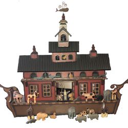 Hand-Carved Wooden Noah”s Ark - 1990s Folk Art By Mo And Kelly Dallas