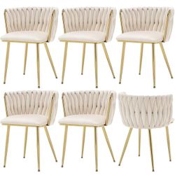 Velvet Dining Chairs Set of 6, Modern Upholstered Woven Dining Chairs with Gold Metal Legs, Modern Accent Chairs for Dining Room, Vanity, Kitchen, Liv