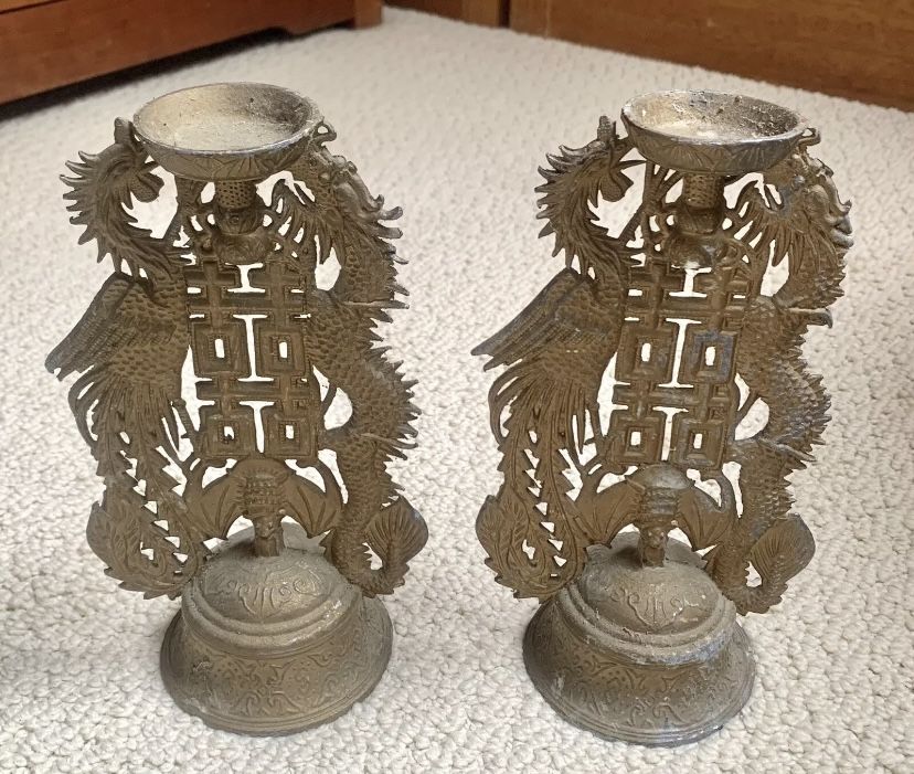 Antique Pair Chinese Double Happiness Candle Holders- Phoenix & Dragon 8” 