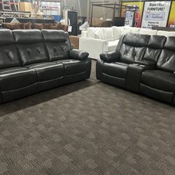 Charcoal Gray Leather Reclining Sofa Set 