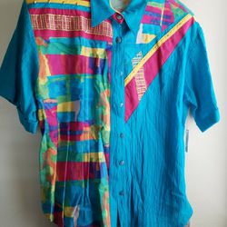 Nwt Vintage City Girl Blue Multicolored Button Up Blouse 