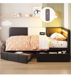 LIKIMIO Daybed with Storage Twin Day Bed Frame with Drawers, Charging Station & LED, Sofa Bed, Black