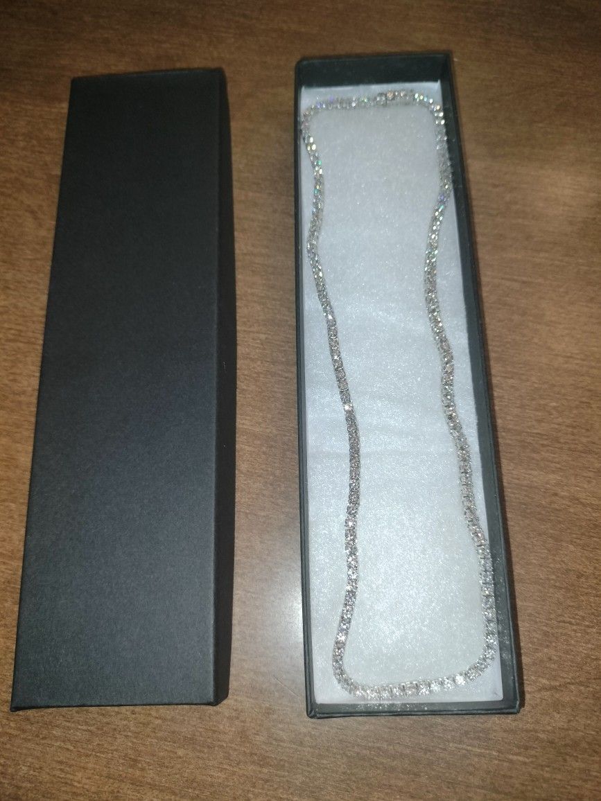 100% Genuine Diamond Moissanite Tennis Chain 18"Long By 3mm In 925 Sterling Silver With Rhodium Platinum Finish!!