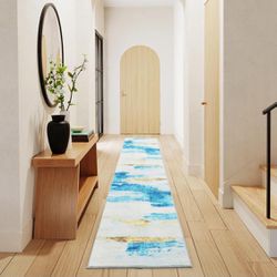 Hallway Runners - 2x6 Non-Slip Rug with Rubber Backing - Washable and Ultra Soft Low-Pile Modern Design - Abstract Kitchen Rug in Boho Style - Non-She