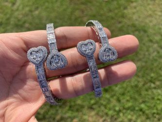 14k White Gold Plated Women’s Men’s Baguette Iced Tennis Link Heart Bracelet Bangle Prong Bracelet 5mm