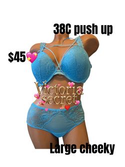 Victoria's Secret Lace Bra & Panty Set 38c push up panty large cheeky 💖💖