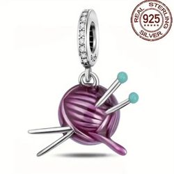🧶 New! 925 Sterling Silver Purple Yarn Knitting Needles Charm Bead