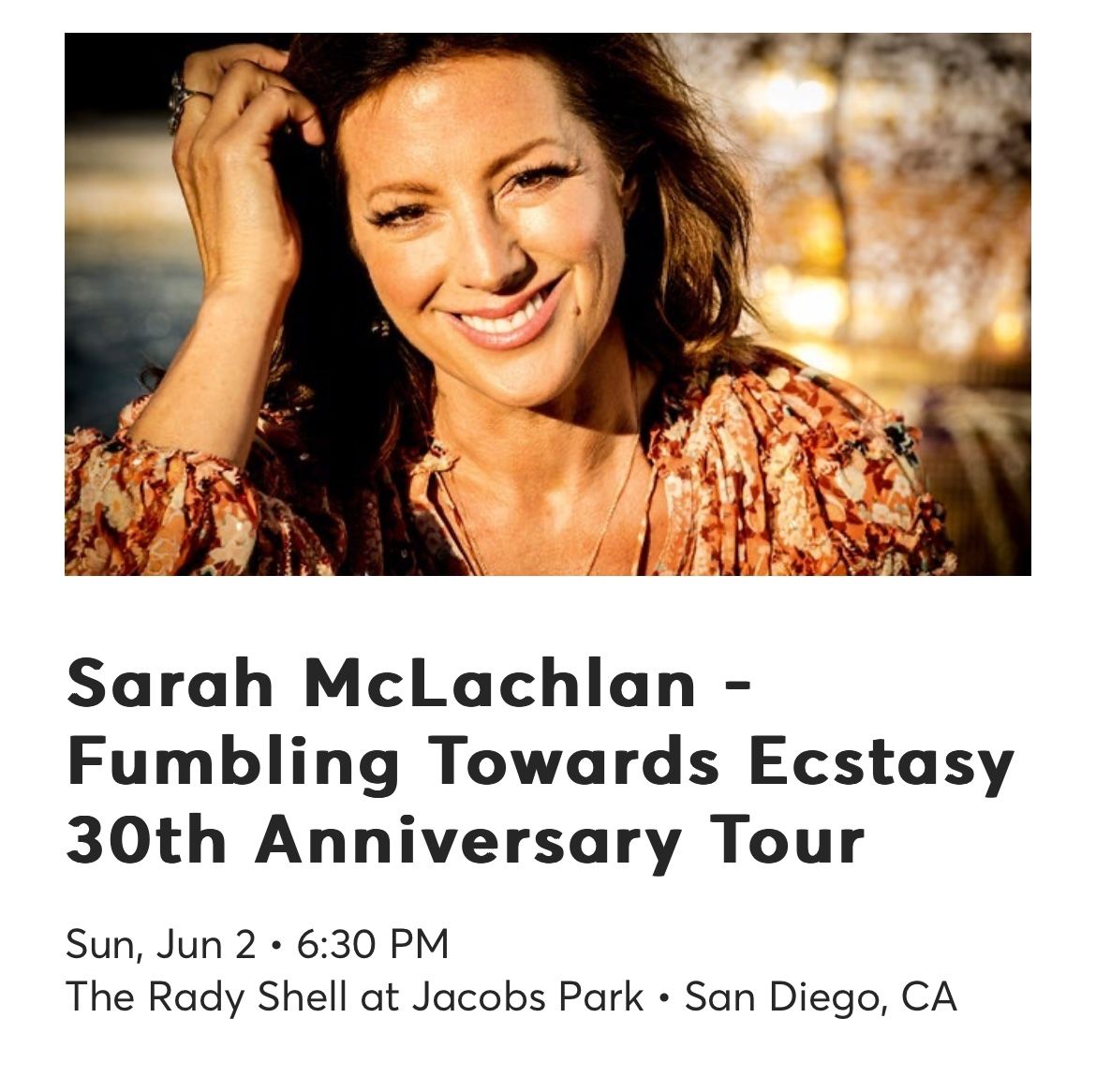 2 Tickets to Sarah McLachlan Concert Rady She’ll