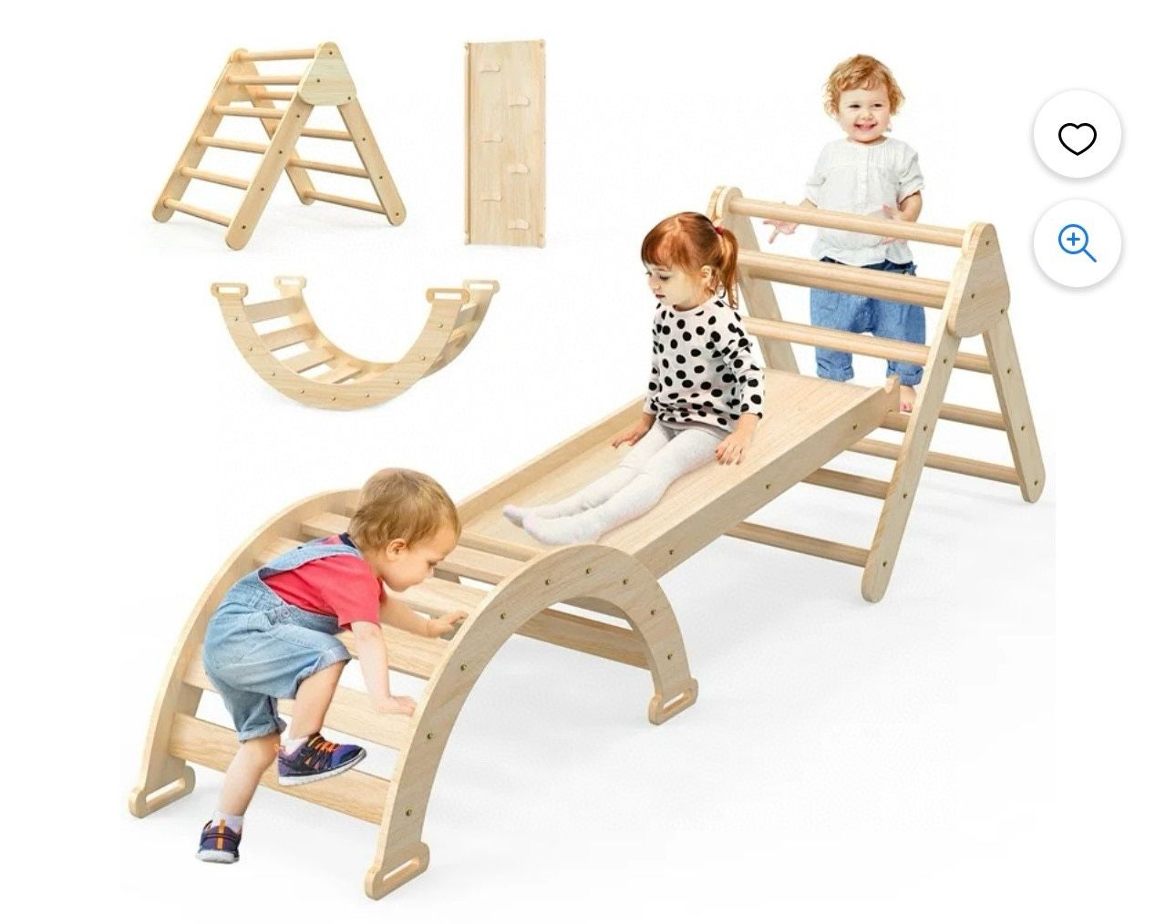 Arch Playground Climber Premium Pine Wood 80”  Foldable Removable Wooden Pikler Triangle Set Climbing Toys with Climber Slide Ladder and Pikl