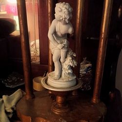 Mahogany Wood And Porcelain Figurine Spinning Lamp
