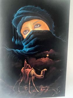 ROMANTIC  MIDDLE EASTERN  BLACK VELVET PAINTING MEASUREMENTS 26” X 18” BEAUTIFUL BEDOUIN WOMEN AND  MAN SITTING ON A CAMEL DREAMING OF LOVE