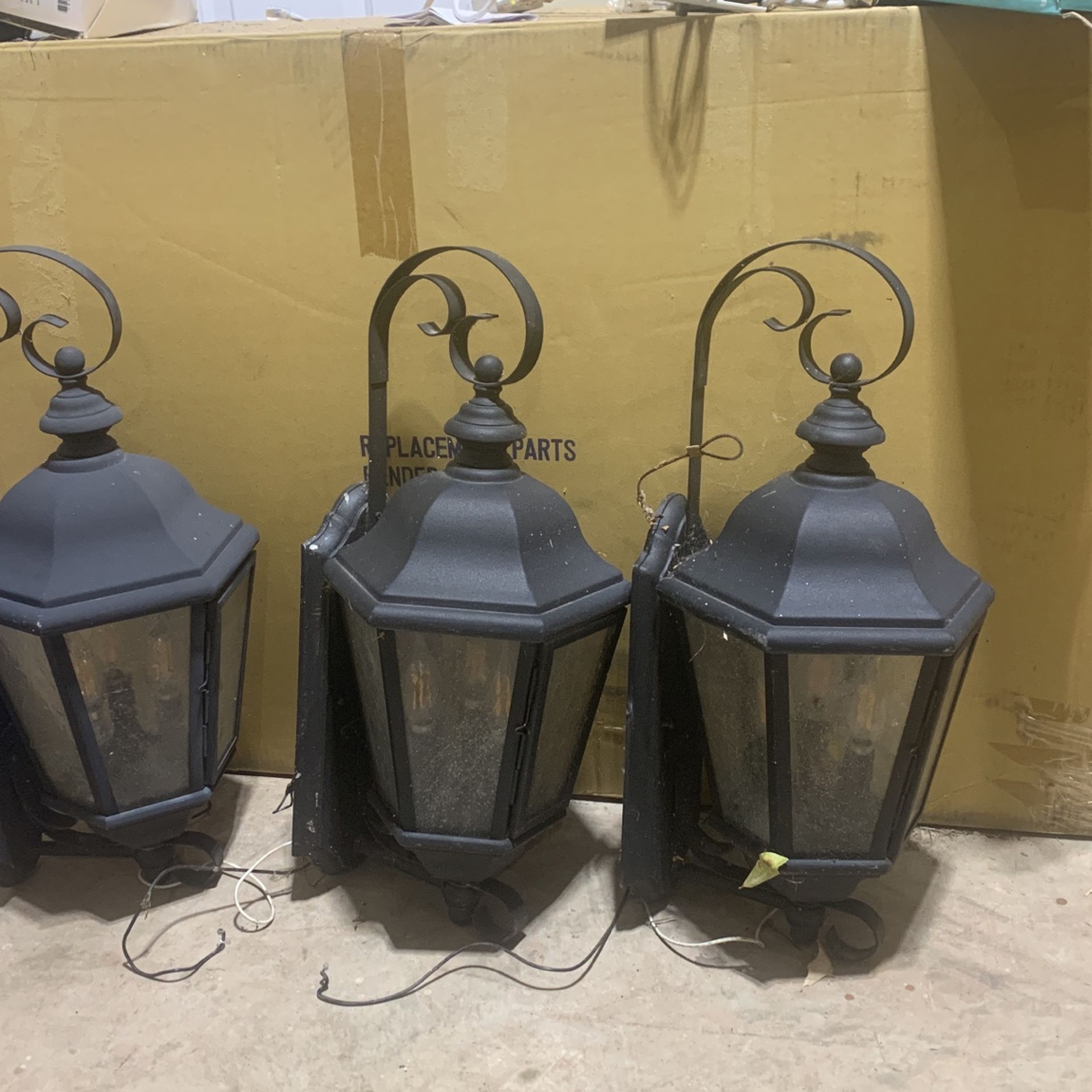 3 Beautiful Outdoor heavy duty old lights with 3 new LED candle bulbs each