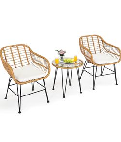 🔥Brand new🔥 3 Pieces Patio Bistro Set, Rattan Conversation Set with 2 Cushioned Armchairs & Round Glass Coffee Table, Indoor Outdoor Wicker Furnitur