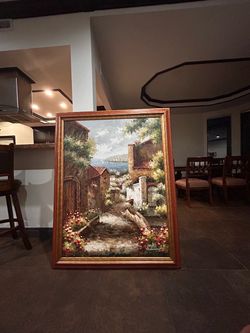 Framed Oil Painting Mediterranean Village Scene