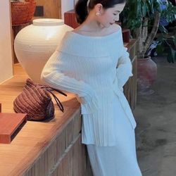 Two-piece Solid Sweater Set, Long Sleeve Sweater & Solid Casual Skirt