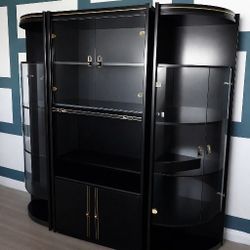 Black Lacquer Lighted Wall Unit w Curved Glass Ends Dry Bar 73x78x18 PICKUP ONLY Peoria, AZ