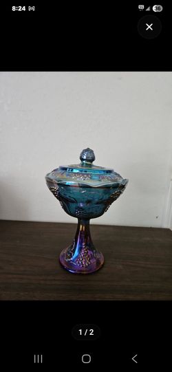 Vintage blue carnival glass covered candy dish